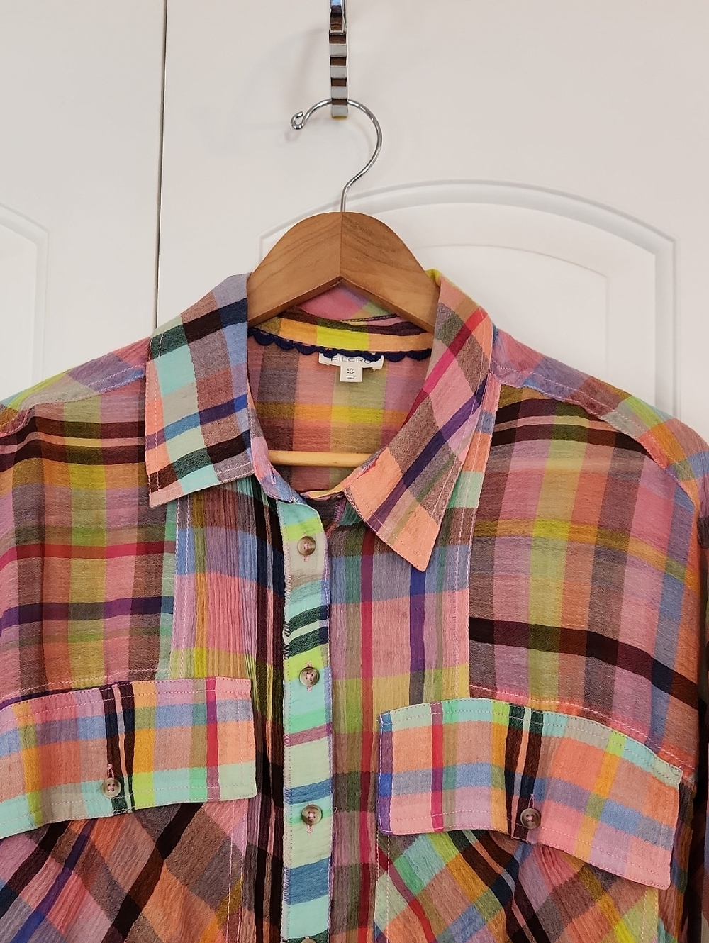 Pilcro Long-Sleeve Mixed Madras Plaid Oversized Buttondown Shirt Size XL Petite - Picture 4 of 11